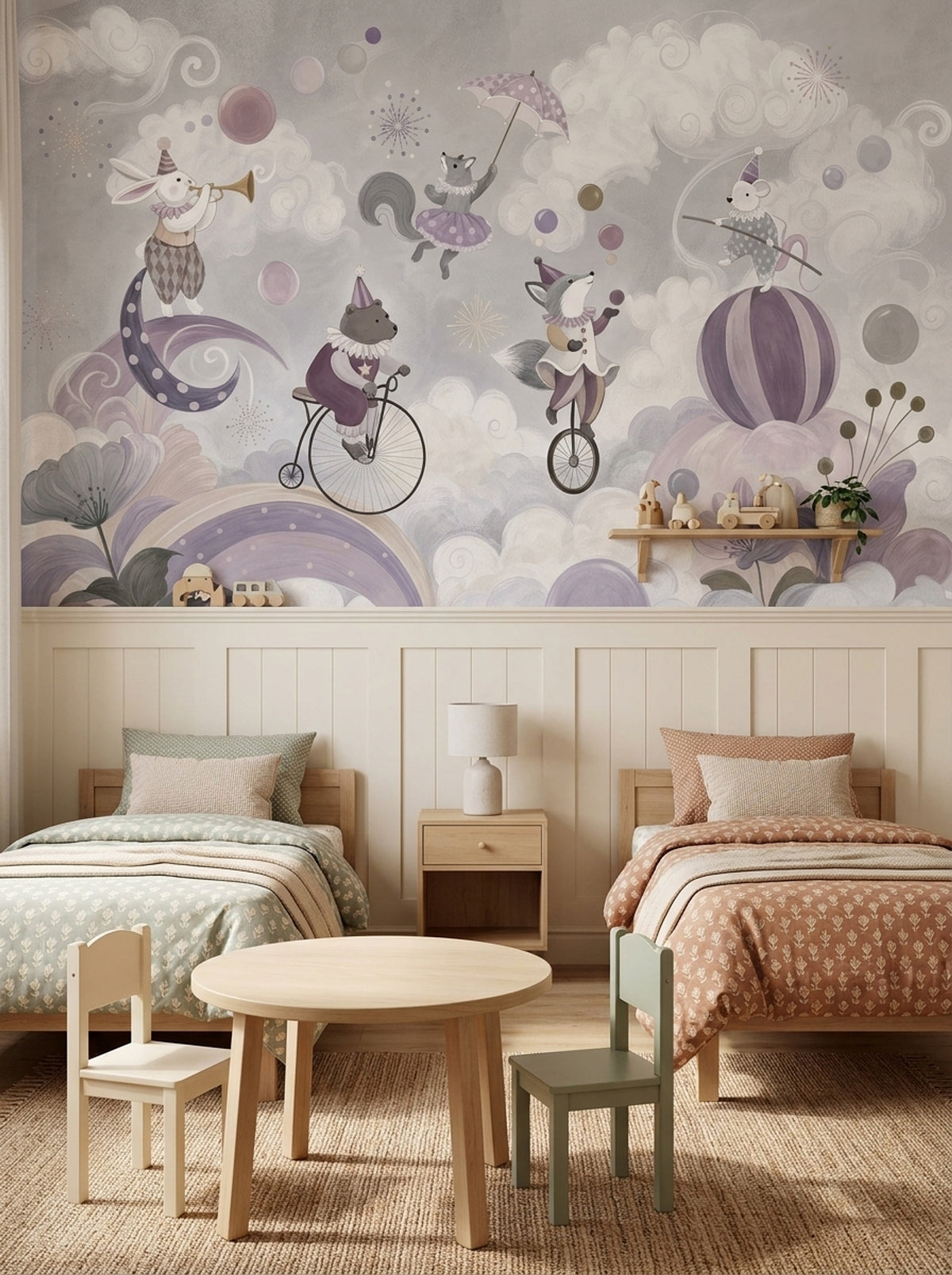 Sirk Hayvanlı Poster Duvar Kağıdı Mor Bulutlu Çocuk Odası