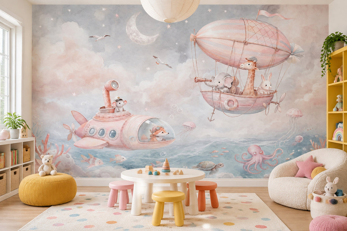 Uçan Balonlu Hayvanlar Poster Duvar Kağıdı Pastel Çocuk Odası