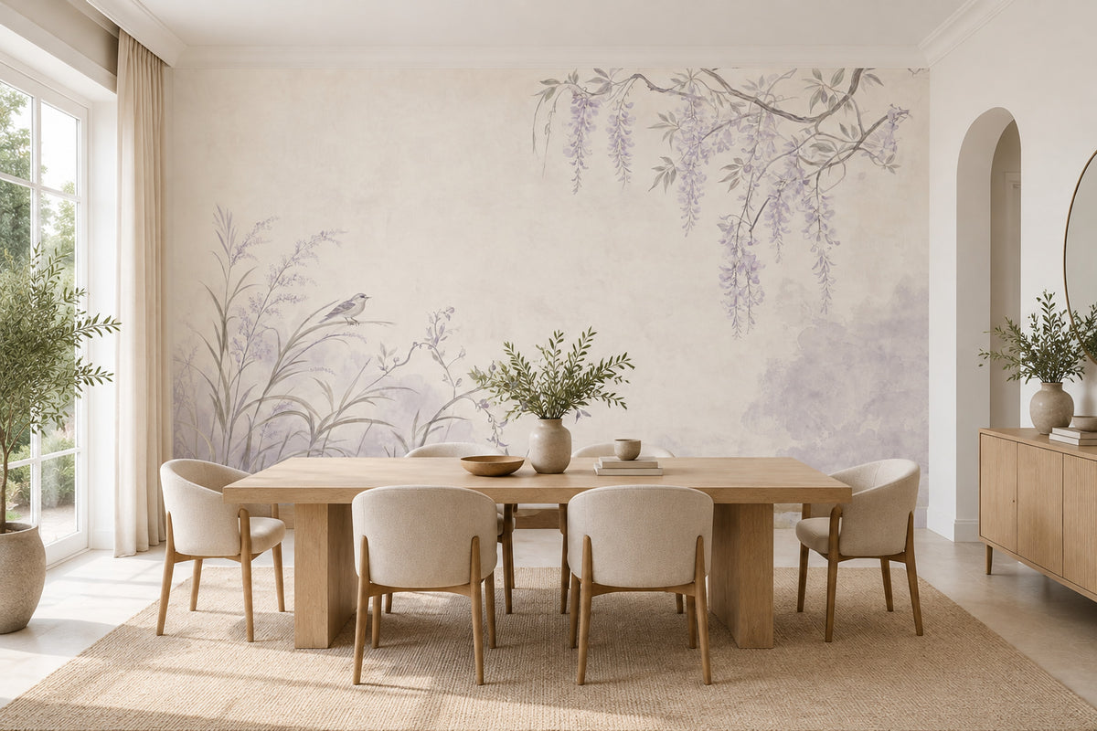 Mor Salkımlı Kuşlu Poster Duvar Kağıdı Pastel Salon Duvarı