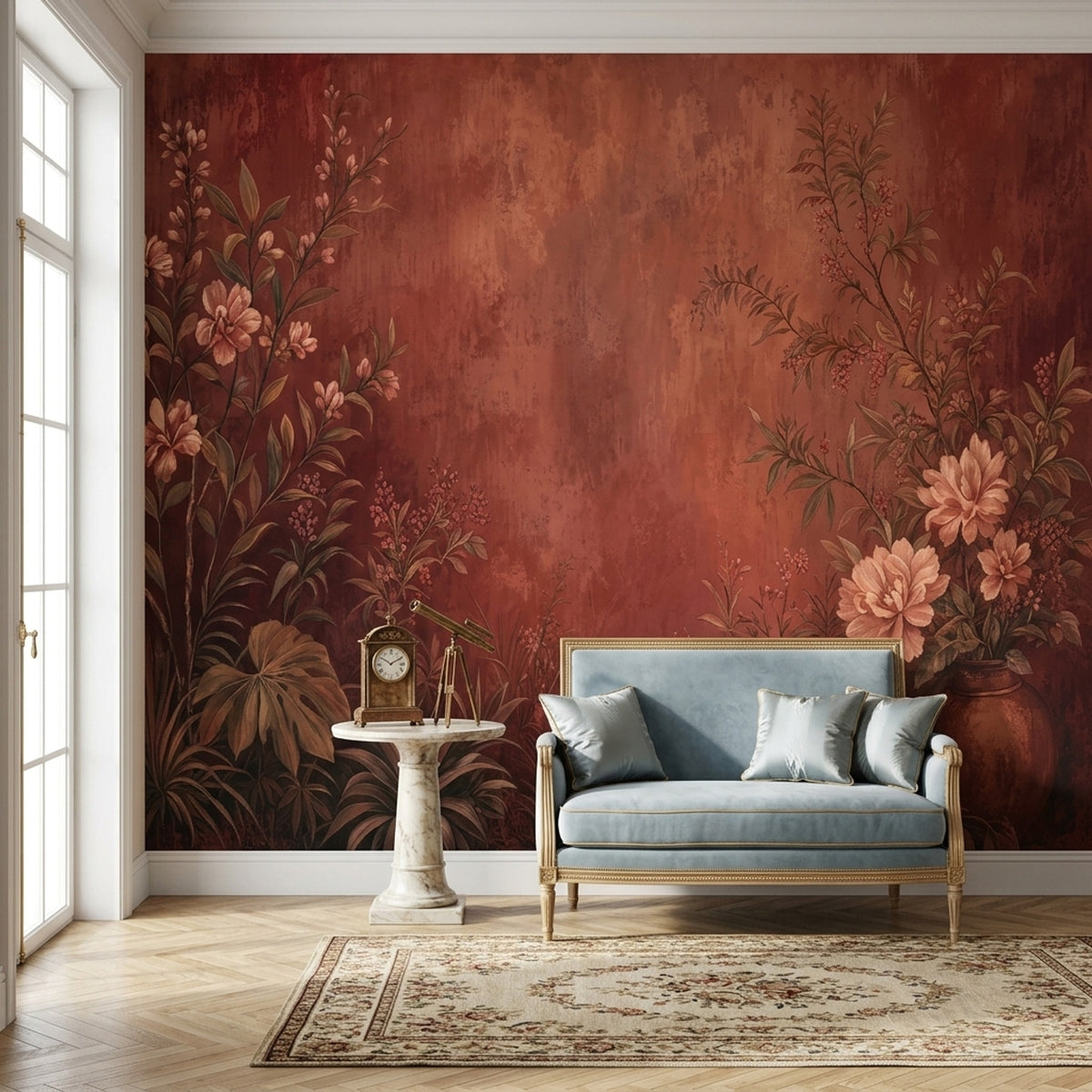 Bordo Çiçek Desenli Poster Duvar Kağıdı Salon Duvarı