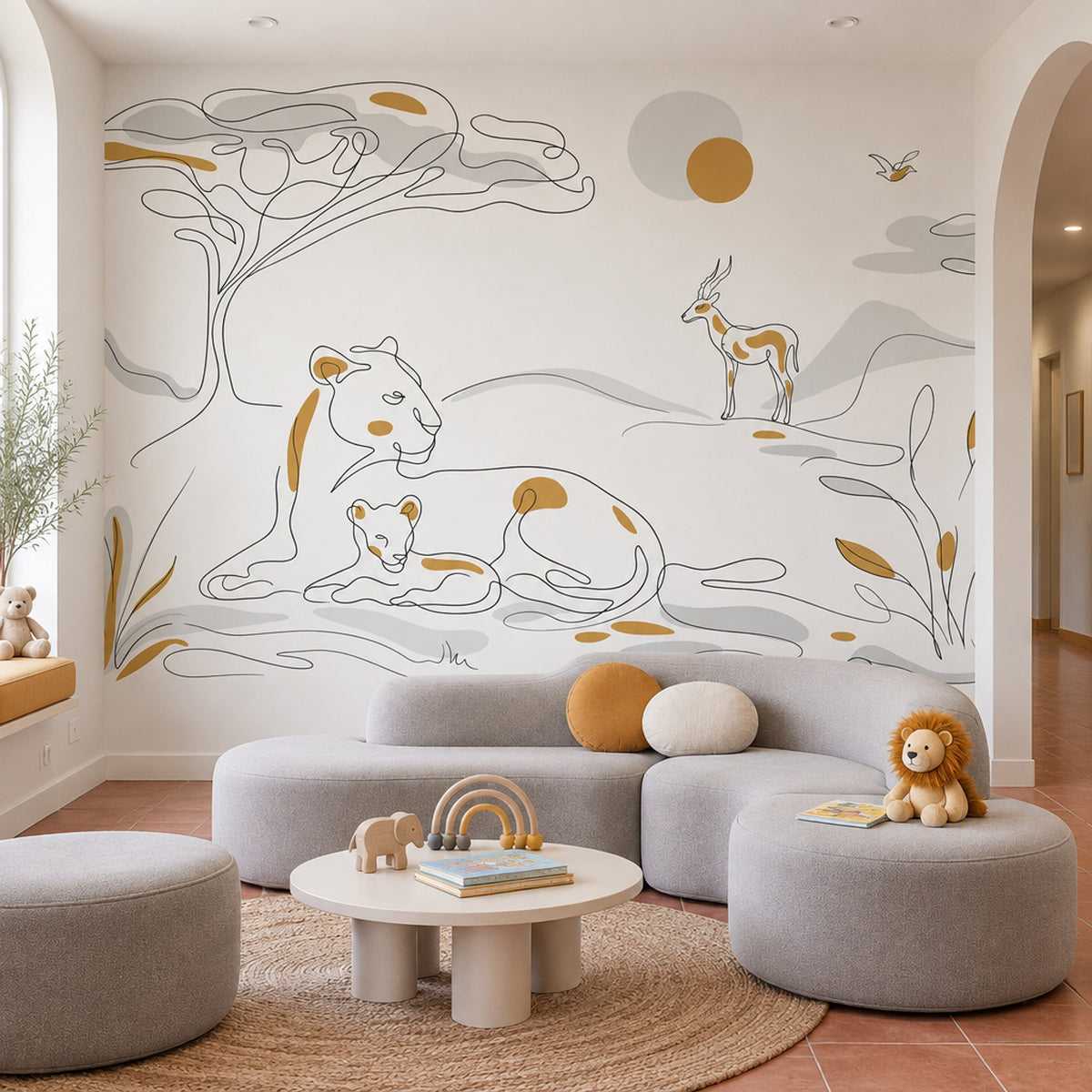 Minimal Safari Çizimli Poster Duvar Kağıdı Bej Salon Duvarı