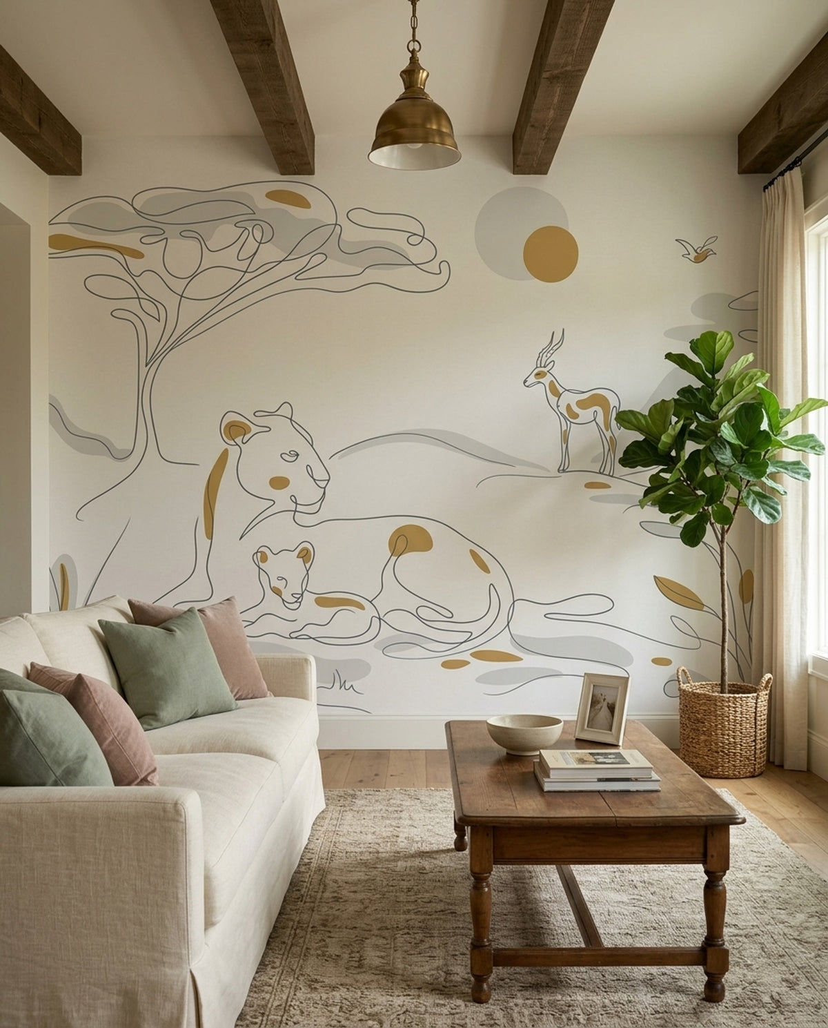 Minimal Safari Çizimli Poster Duvar Kağıdı Bej Salon Duvarı
