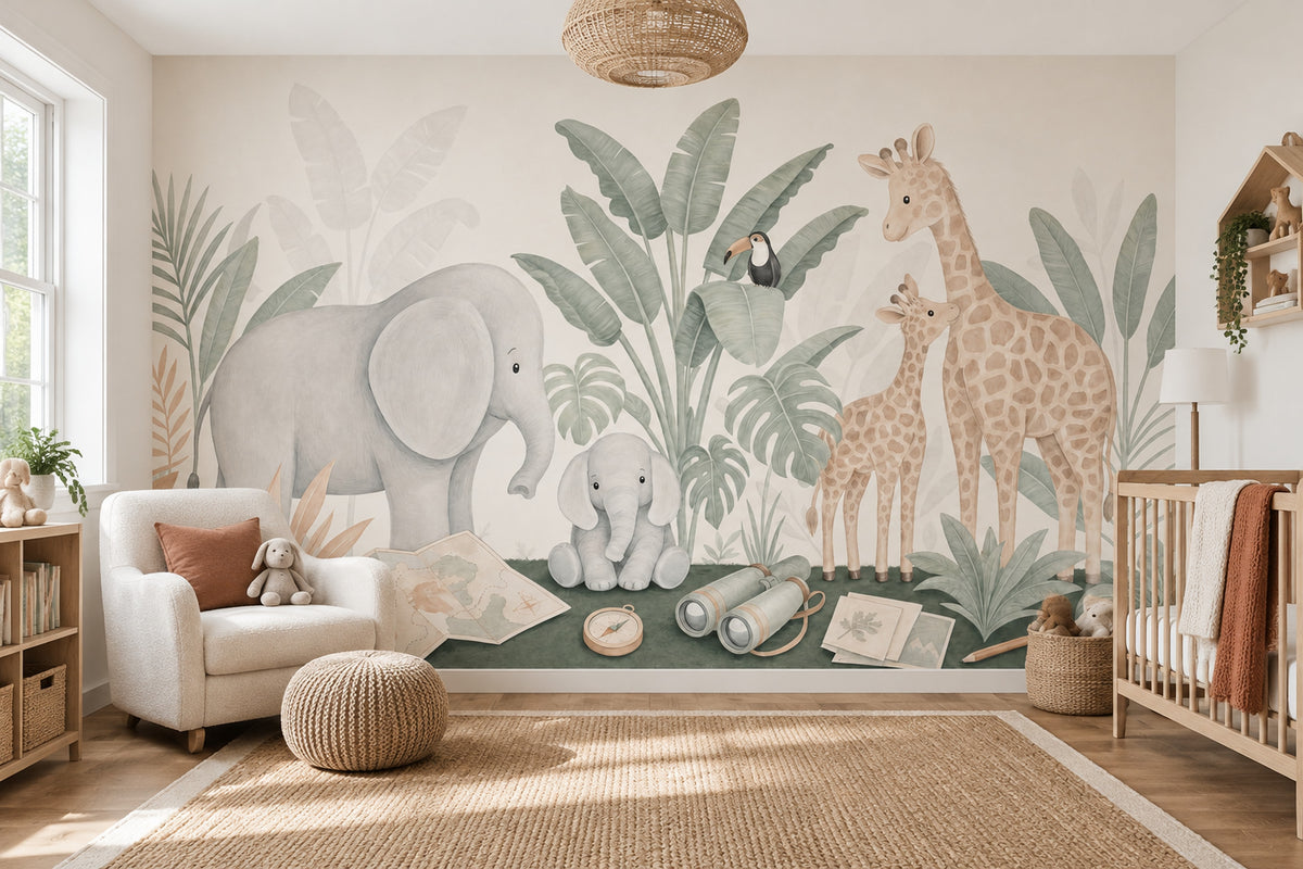 Safari Hayvanlı Poster Duvar Kağıdı Yeşil Bebek Odası