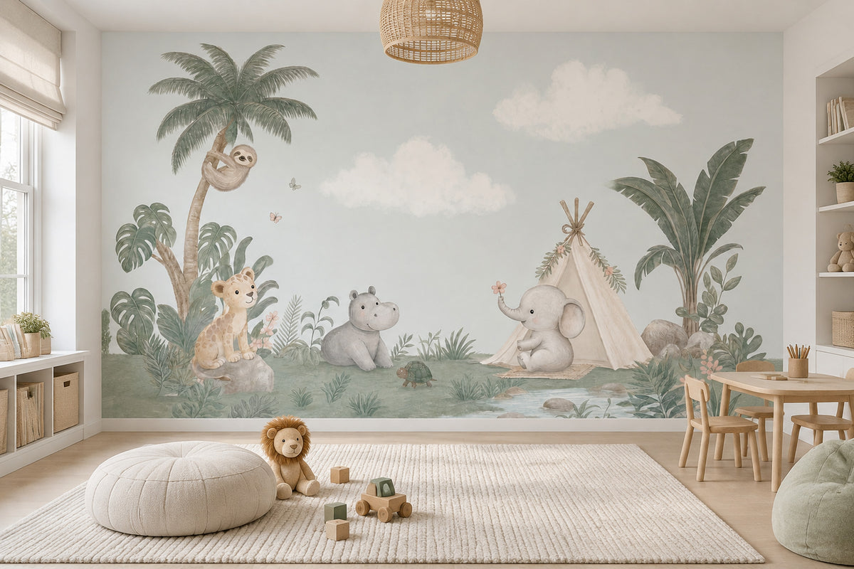 Safari Hayvanlı Poster Duvar Kağıdı Pastel Yeşil Çocuk Odası