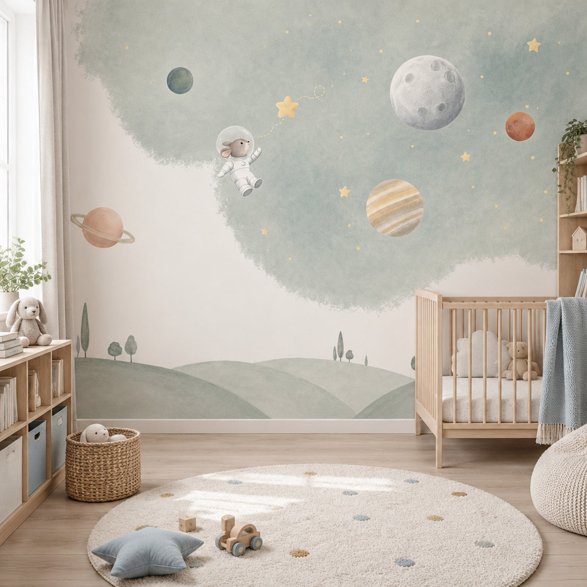 Astronot Tavşan Uzay Poster Duvar Kağıdı Mint Yeşil Bebek Odası