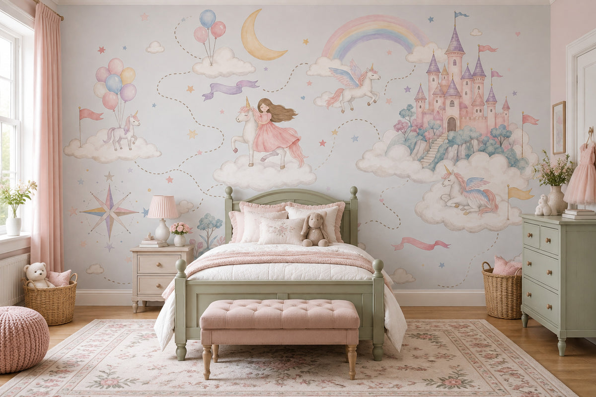 Unicornlu Masal Poster Duvar Kağıdı Pastel Çocuk Odası