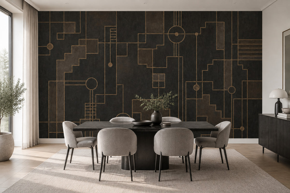Altın Çizgili Geometrik Poster Duvar Kağıdı Siyah Salon