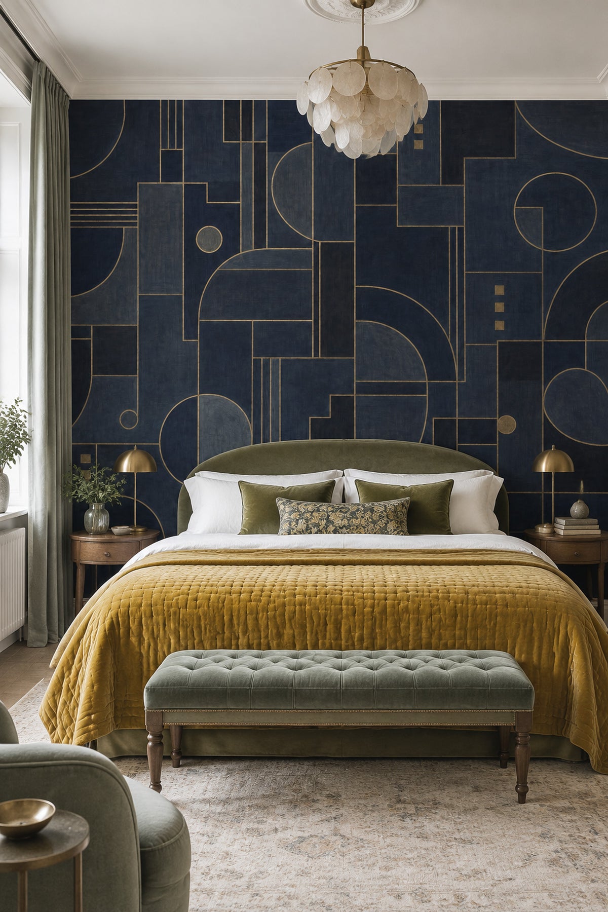Geometrik Çizgili Poster Duvar Kağıdı Lacivert Gold Desen