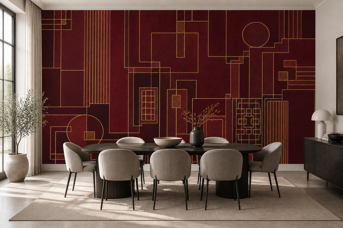 Bordo Geometrik Çizgili Poster Duvar Kağıdı Altın Detaylı Yatak Odası