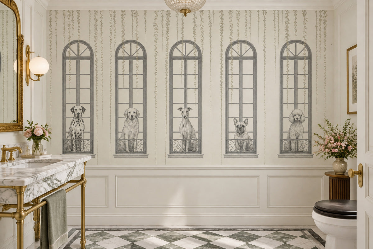 Pencere ve Köpek İllüstrasyonlu Poster Duvar Kağıdı Gri Salon