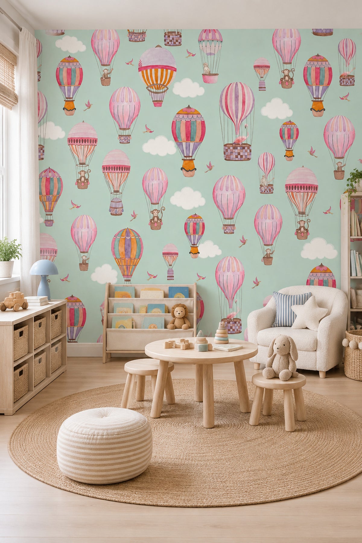 Balon ve Bulutlu Poster Duvar Kağıdı Mint Yeşil Çocuk Odası