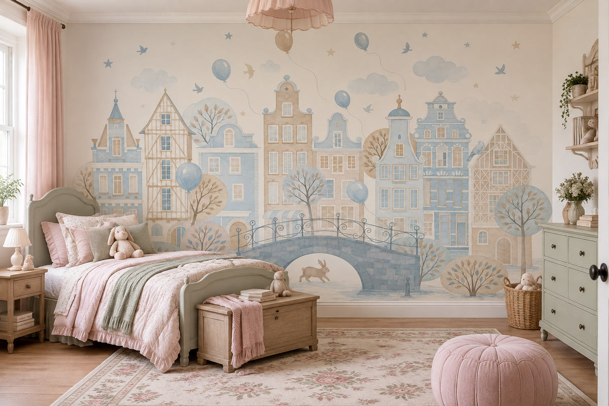 Pastel Şehir Manzaralı Poster Duvar Kağıdı Çocuk Odası Mavi