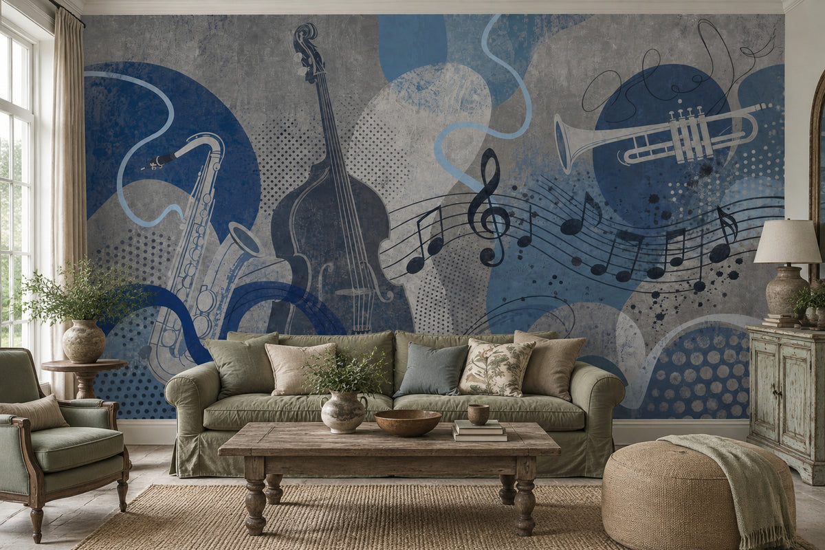 Müzik Temalı Poster Duvar Kağıdı Mavi Notalı Salon Duvarı
