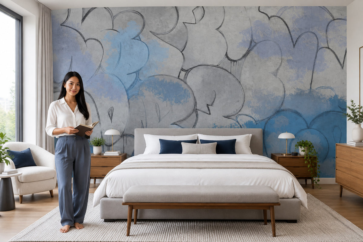 Soyut Graffiti Poster Duvar Kağıdı Gri Mavi Modern Salon