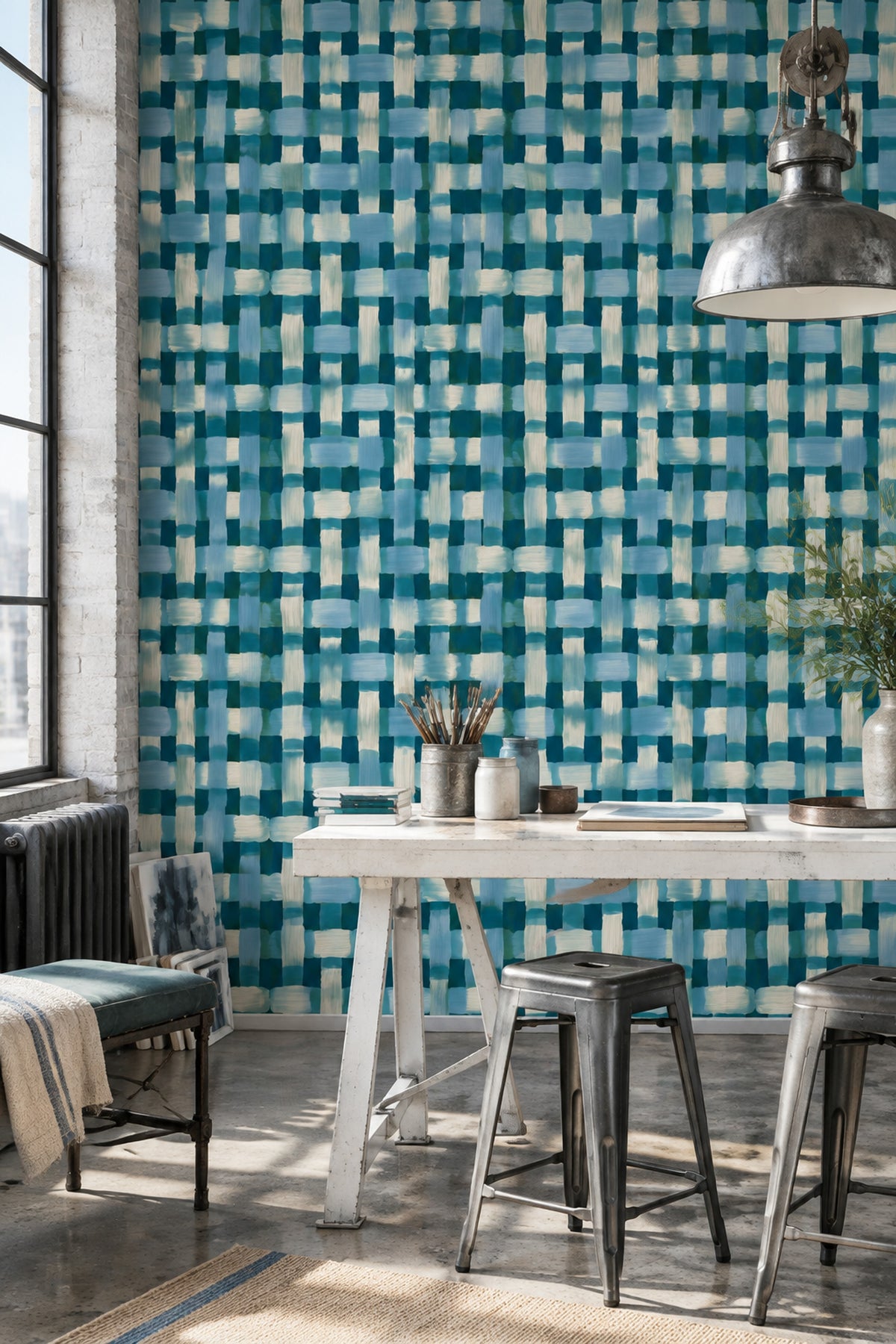 Mavi Kareli Geometrik Duvar Kağıdı Modern Salon Dekoru