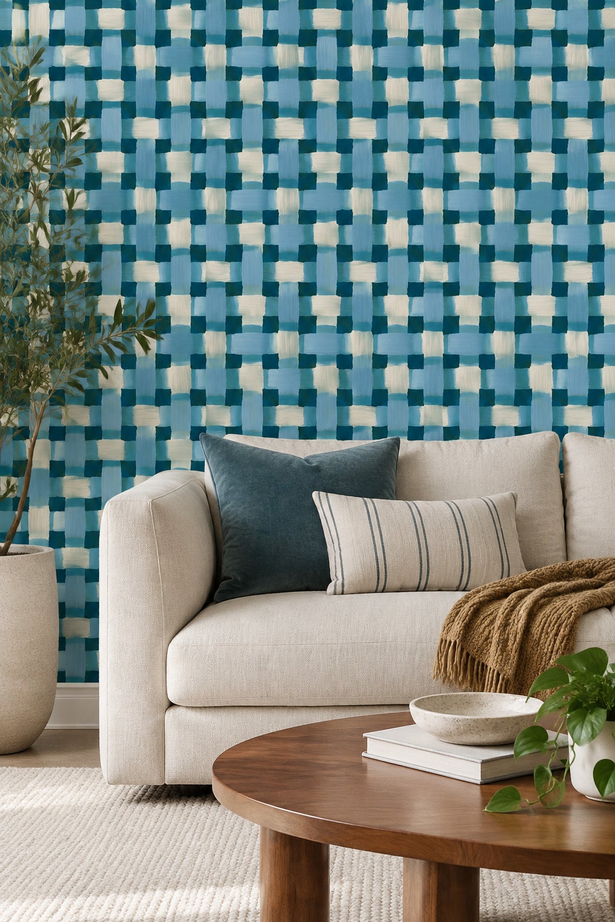 Mavi Kareli Geometrik Duvar Kağıdı Modern Salon Dekoru