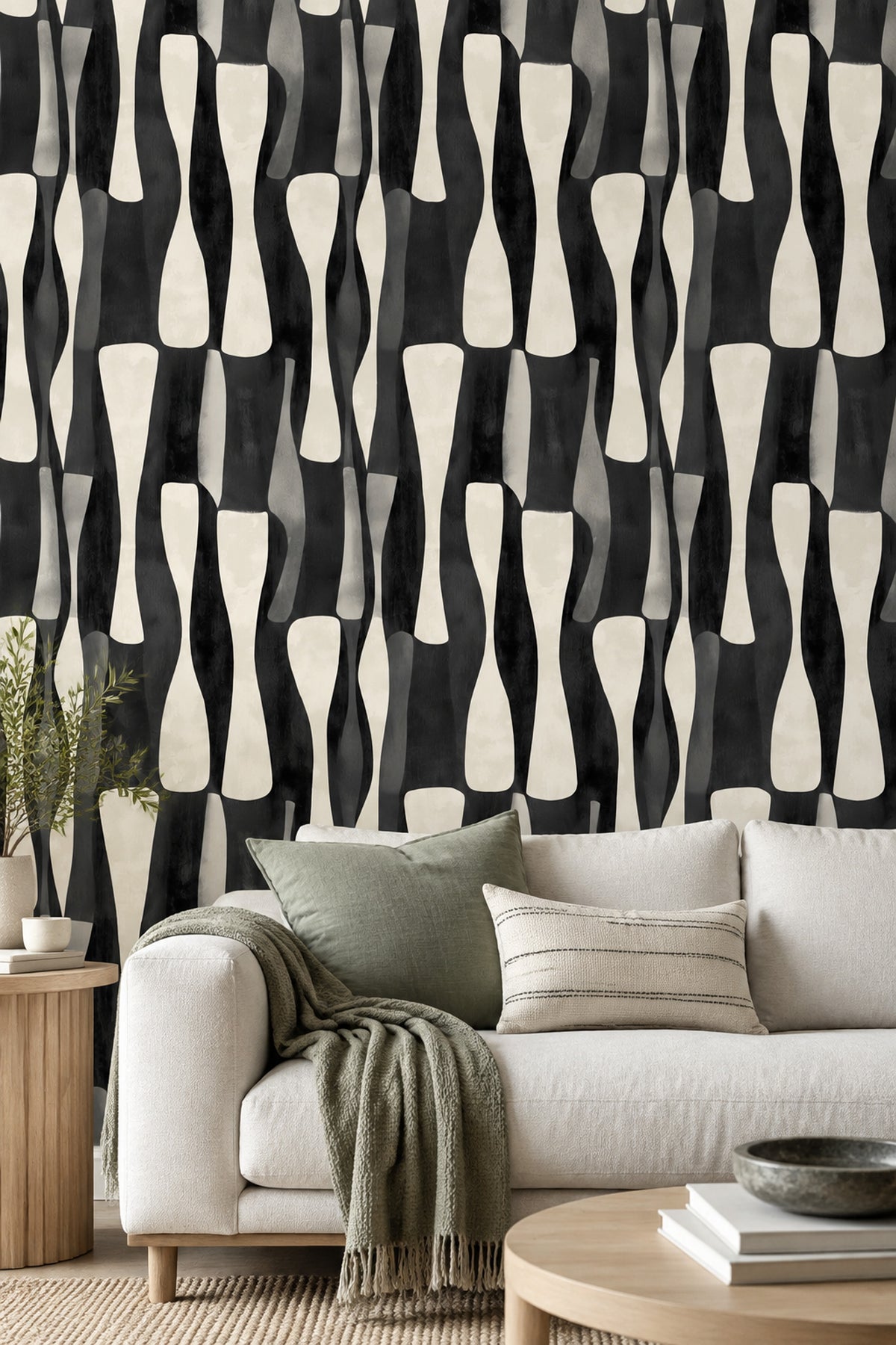 Soyut Geometrik Duvar Kağıdı Siyah Krem Salon Deseni