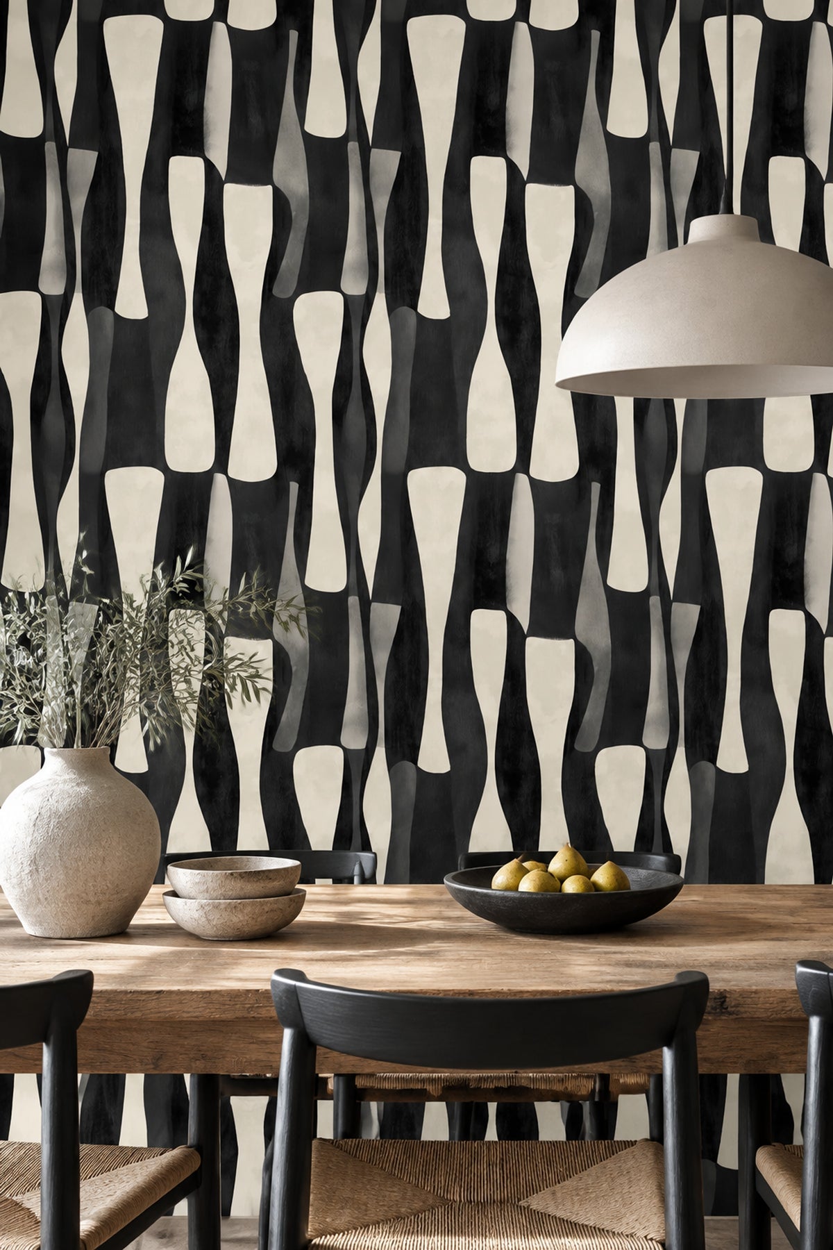 Soyut Geometrik Duvar Kağıdı Siyah Krem Salon Deseni