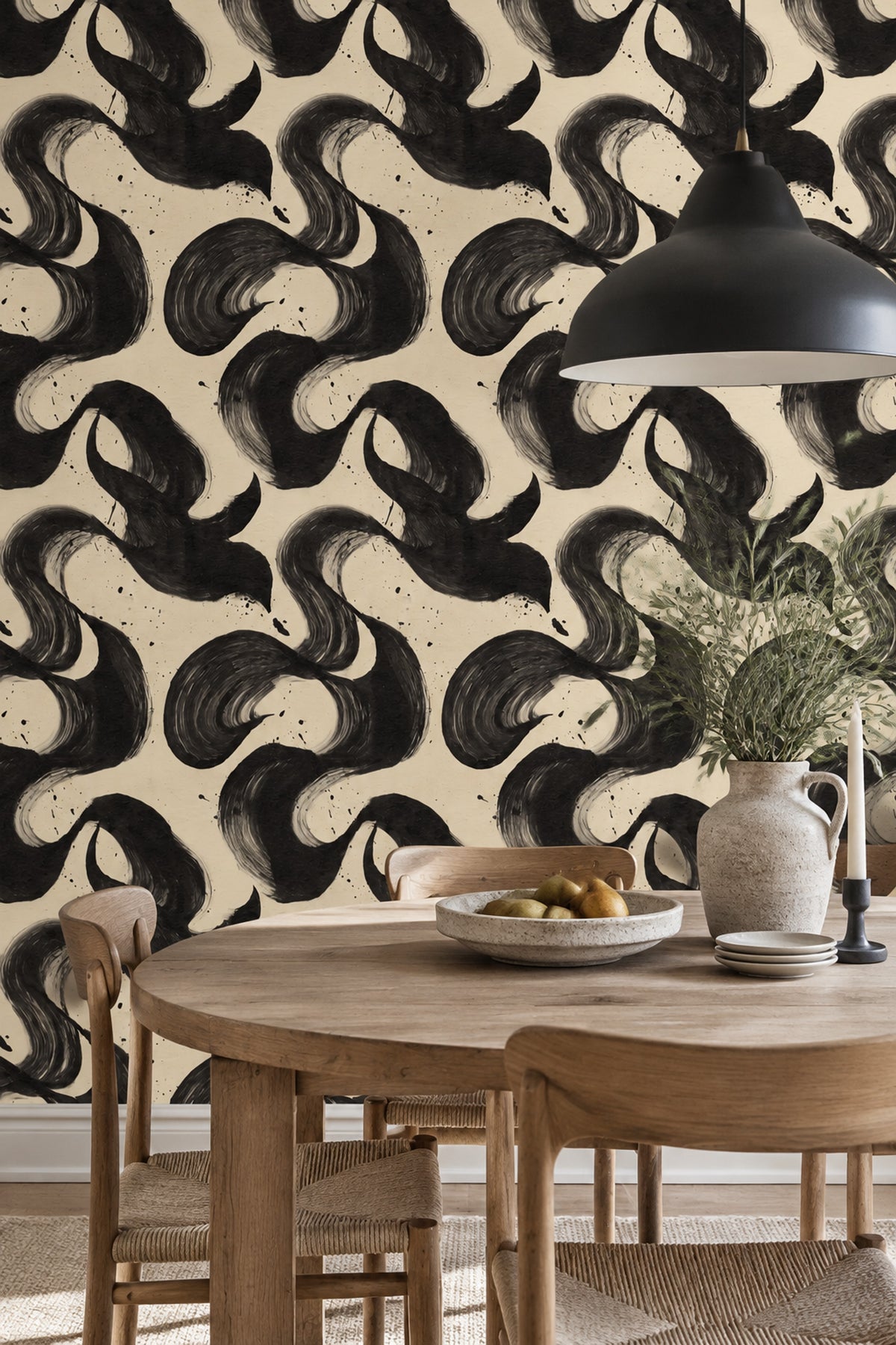 Siyah Fırça Darbeli Duvar Kağıdı Modern Soyut Desenli