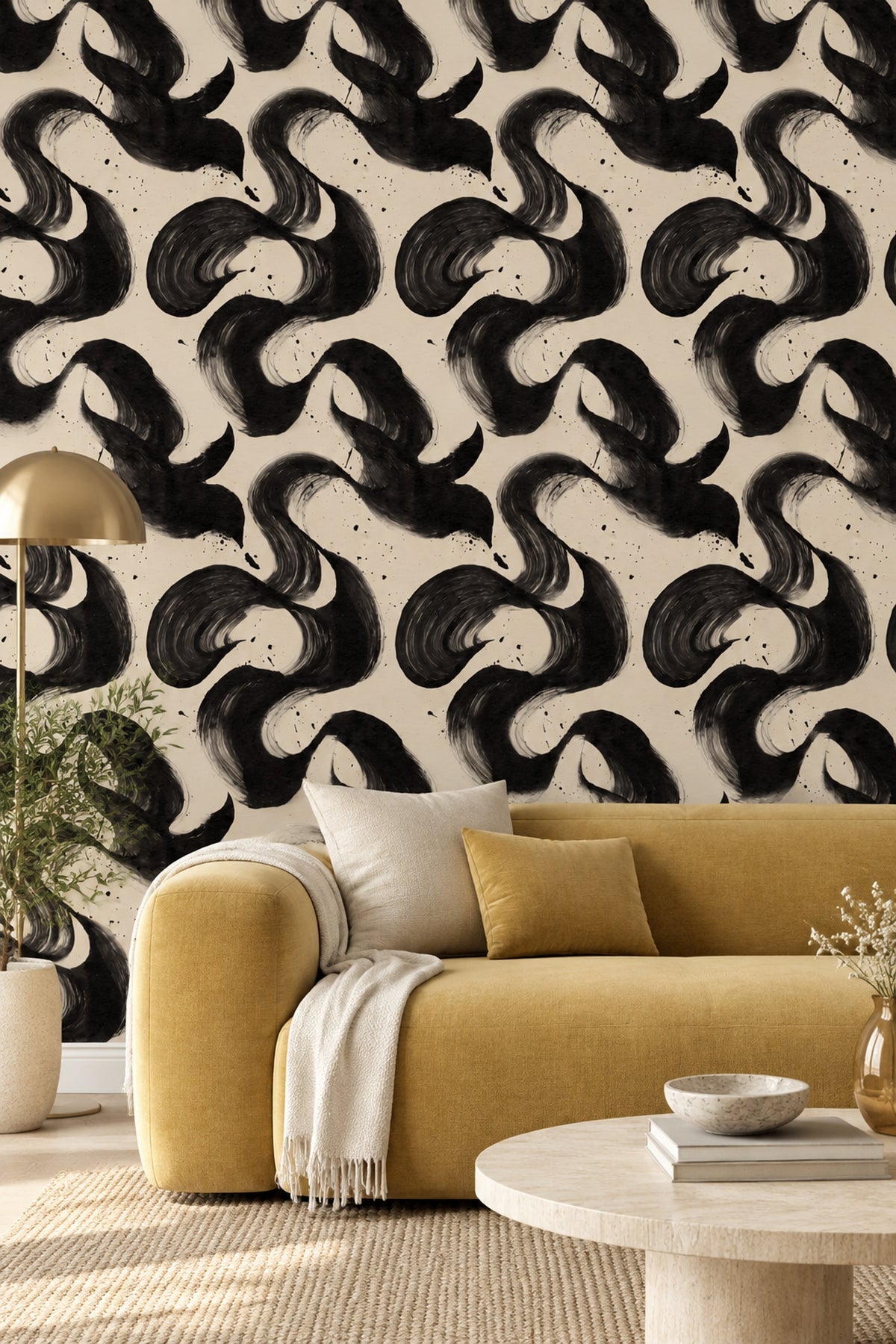 Siyah Fırça Darbeli Duvar Kağıdı Modern Soyut Desenli
