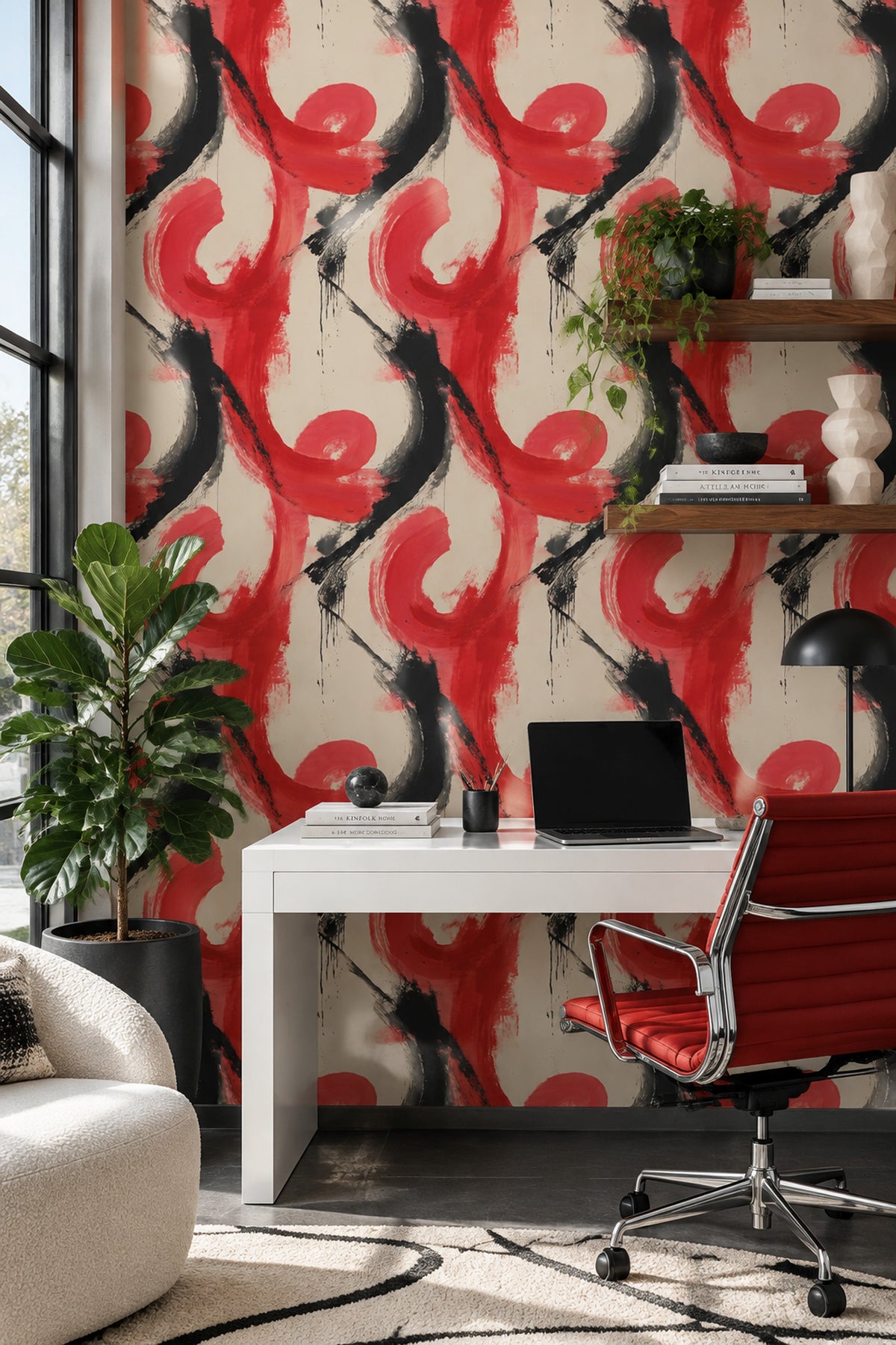 Kırmızı Siyah Soyut Fırça Desenli Duvar Kağıdı Salon
