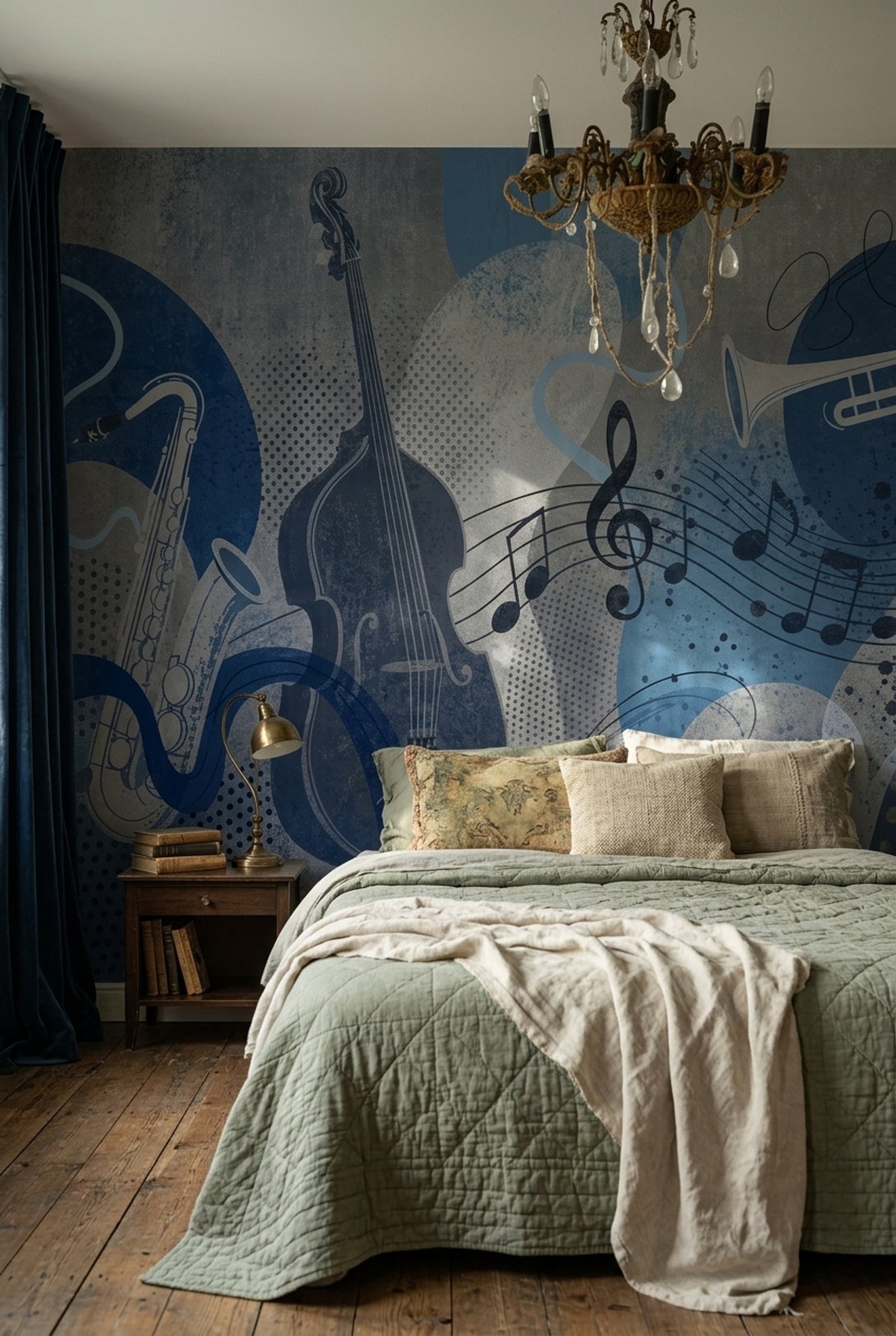 Müzik Temalı Poster Duvar Kağıdı Mavi Notalı Salon Duvarı