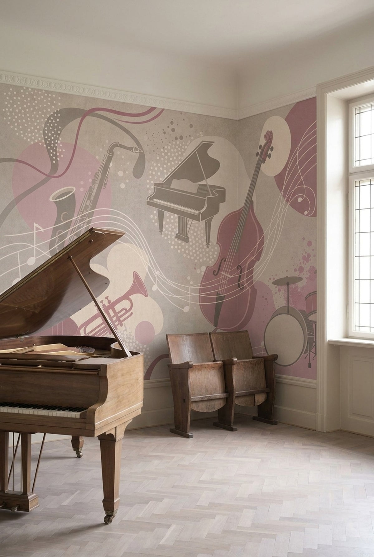 Müzik Enstrümanlı Poster Duvar Kağıdı Pudra Pembe Salon