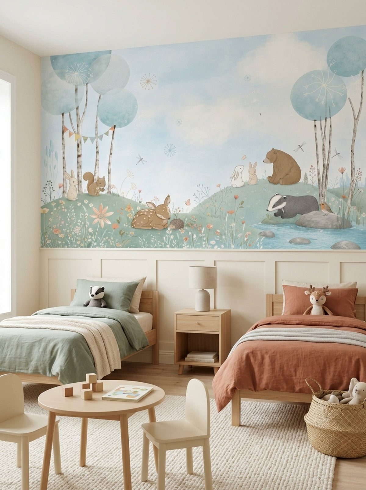 Orman Hayvanlı Poster Duvar Kağıdı Pastel Mavi Çocuk Odası