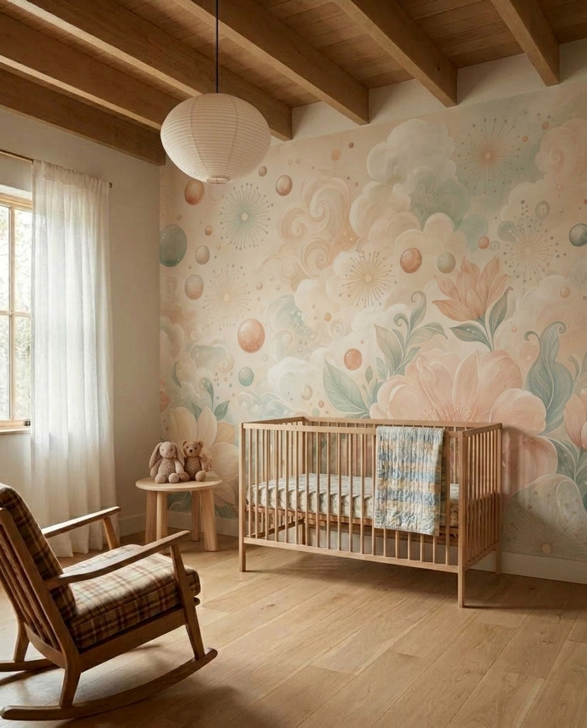 Pastel Çiçekli Poster Duvar Kağıdı Bulutlu Pudra Salon