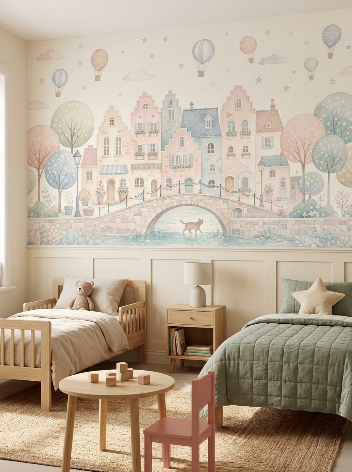 Balonlu Masal Şehir Poster Duvar Kağıdı Pastel Çocuk Odası