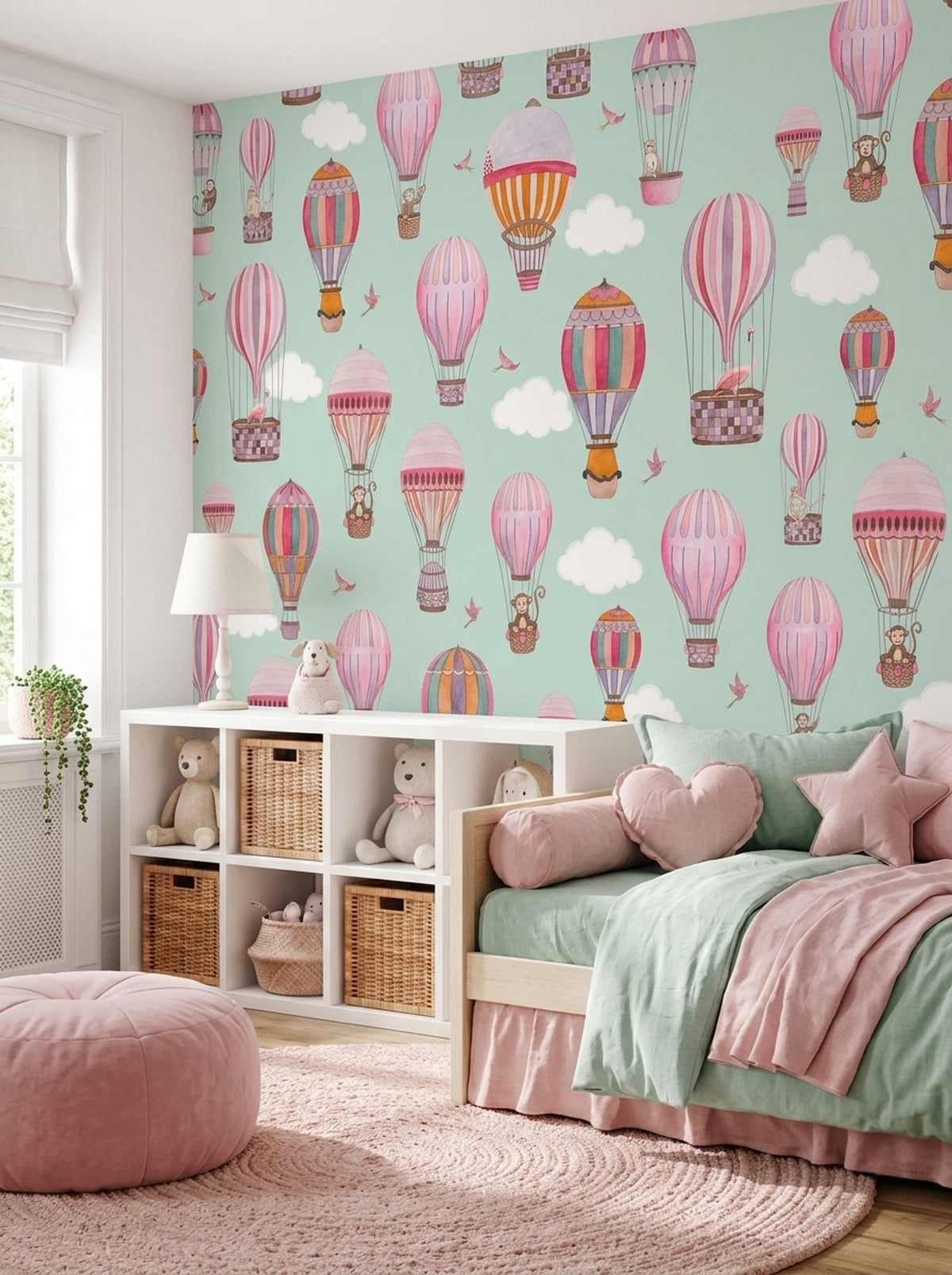 Balon ve Bulutlu Poster Duvar Kağıdı Mint Yeşil Çocuk Odası