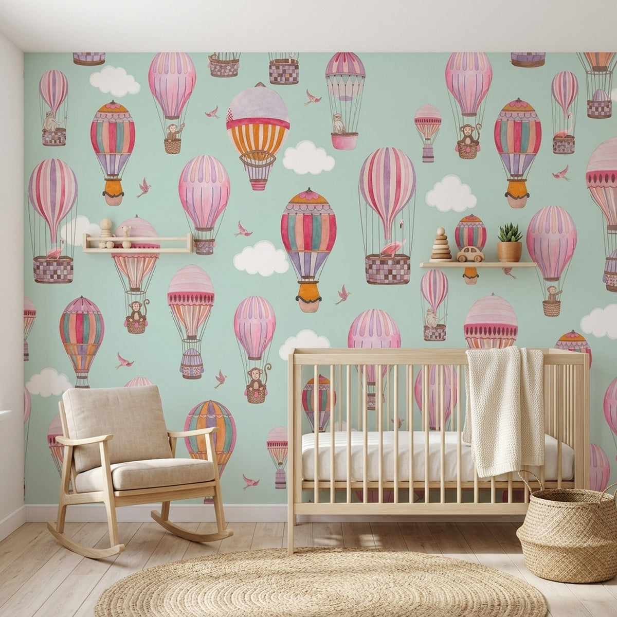 Balon ve Bulutlu Poster Duvar Kağıdı Mint Yeşil Çocuk Odası