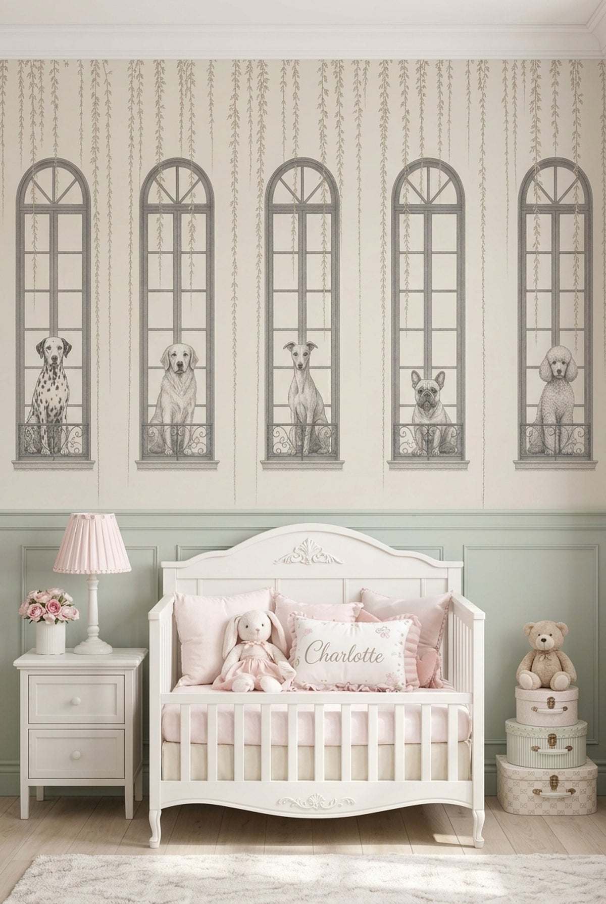 Pencere ve Köpek İllüstrasyonlu Poster Duvar Kağıdı Gri Salon