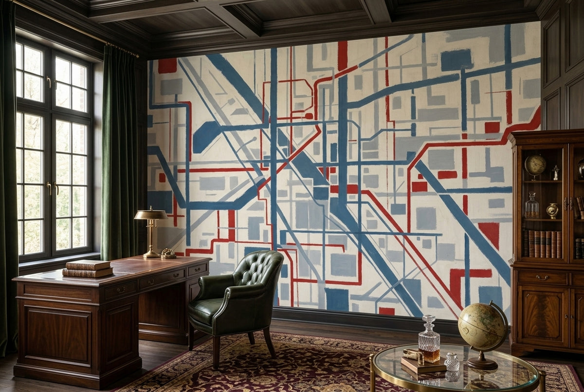 Soyut Çizgili Poster Duvar Kağıdı Mavi Kırmızı Geometrik Salon