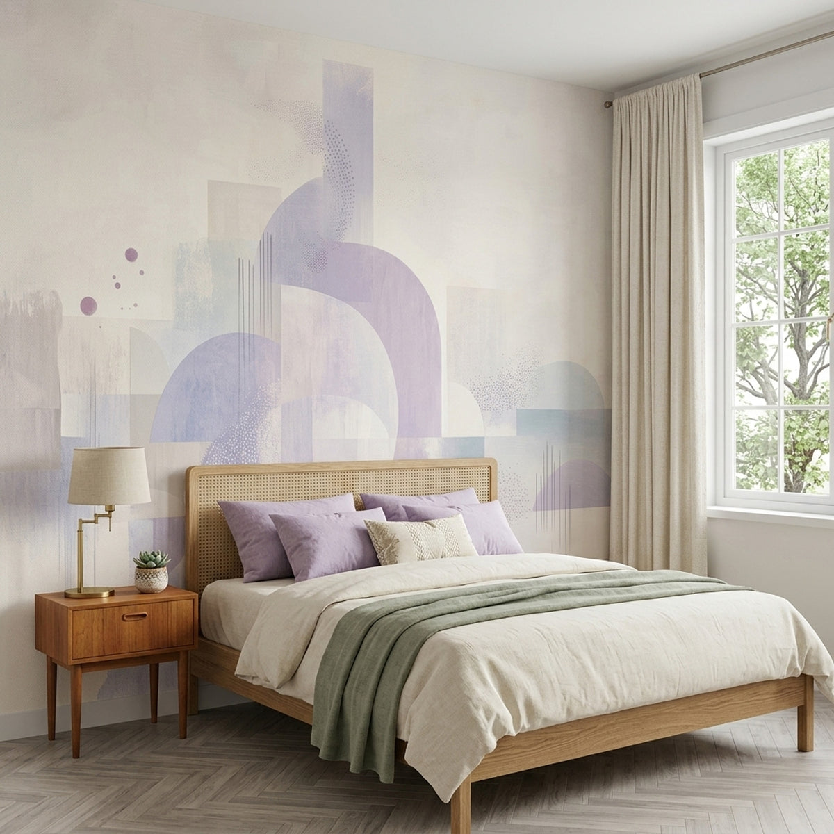Pastel Geometrik Poster Duvar Kağıdı Lila Tonlu Yatak Odası