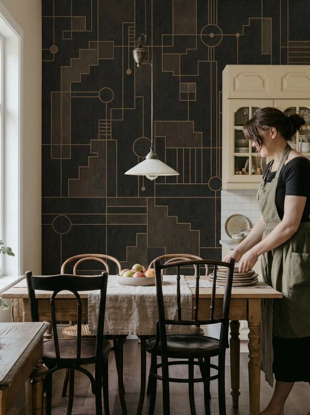 Altın Çizgili Geometrik Poster Duvar Kağıdı Siyah Salon