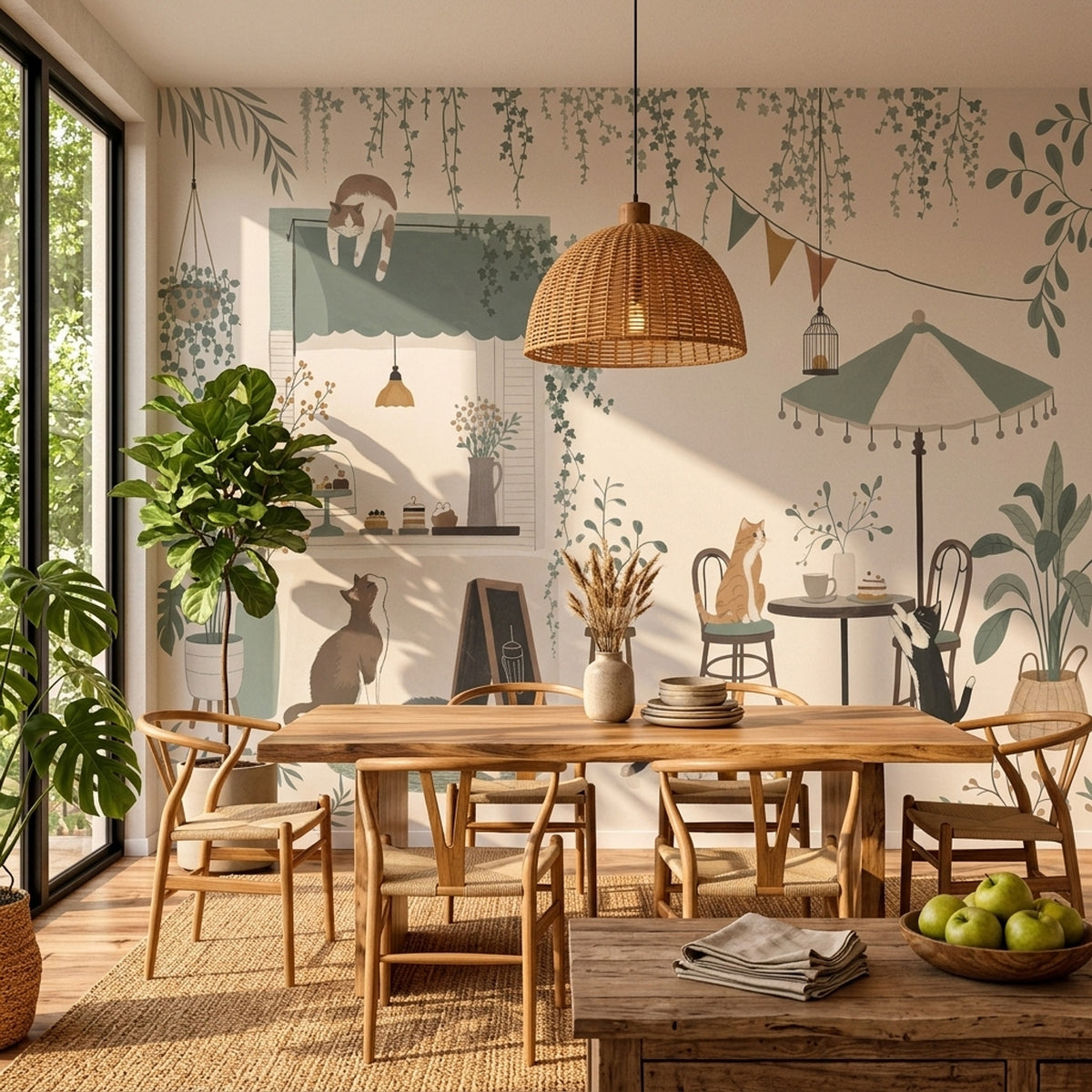 Kedili Kafe Sahnesi Poster Duvar Kağıdı Yeşil Çocuk Odası