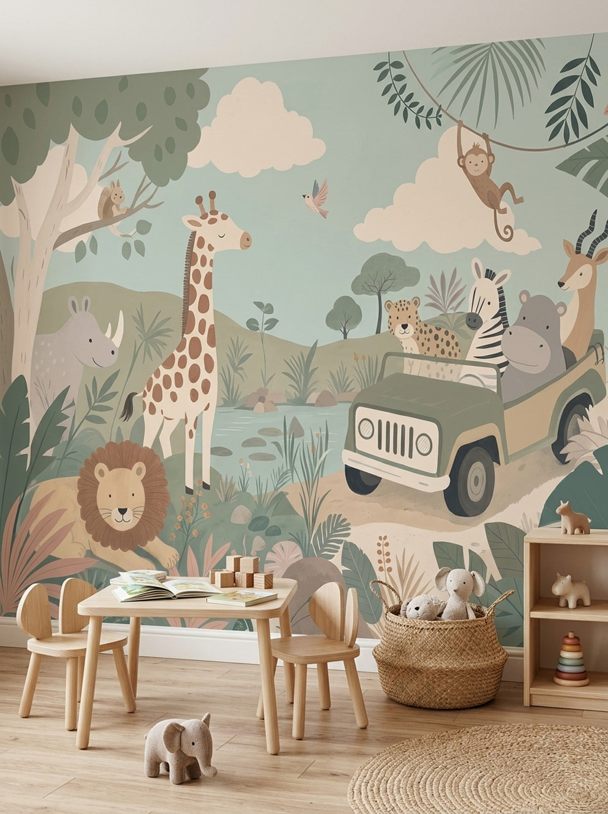 Safari Hayvanlı Poster Duvar Kağıdı Yeşil Bebek Odası