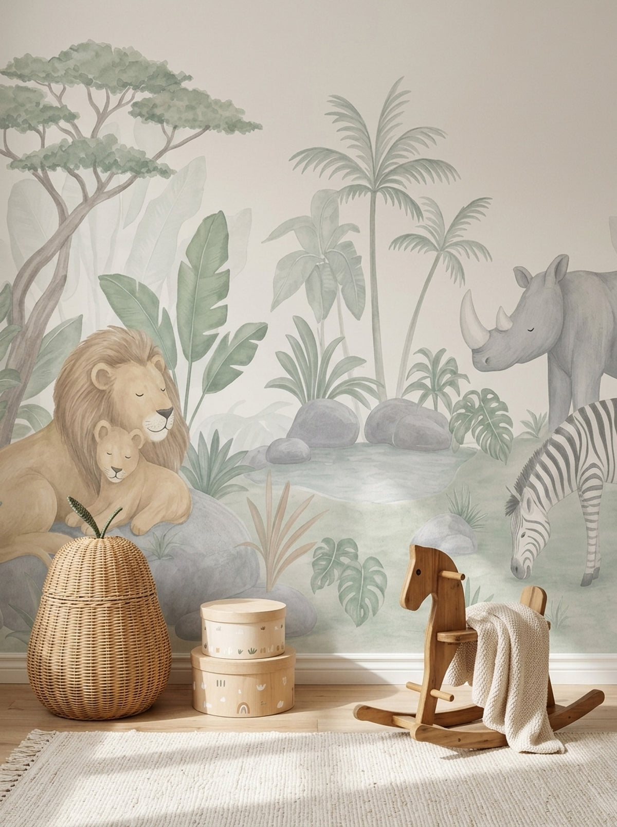 Safari Hayvanlı Poster Duvar Kağıdı Yeşil Bej Bebek Odası