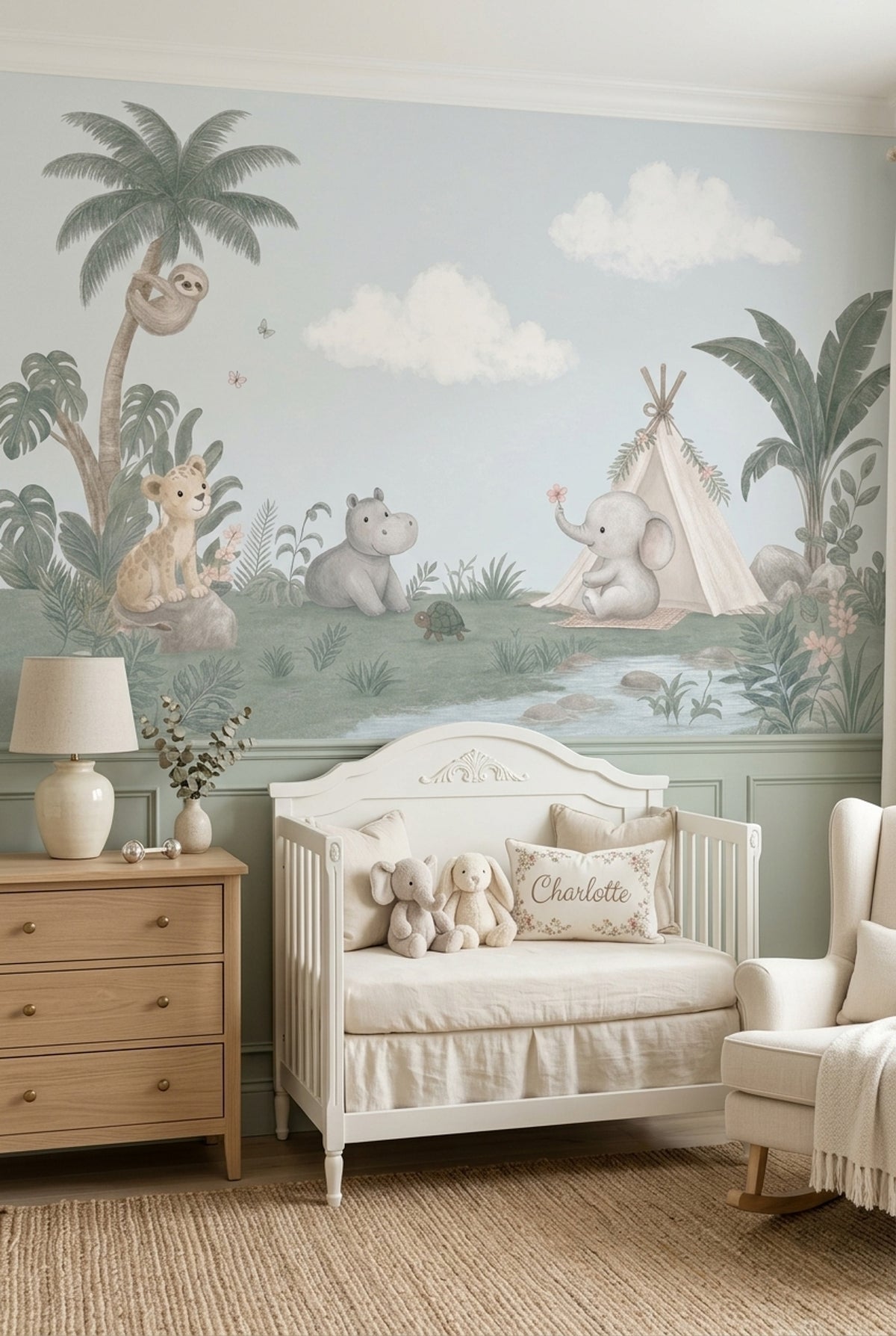 Safari Hayvanlı Poster Duvar Kağıdı Pastel Yeşil Çocuk Odası