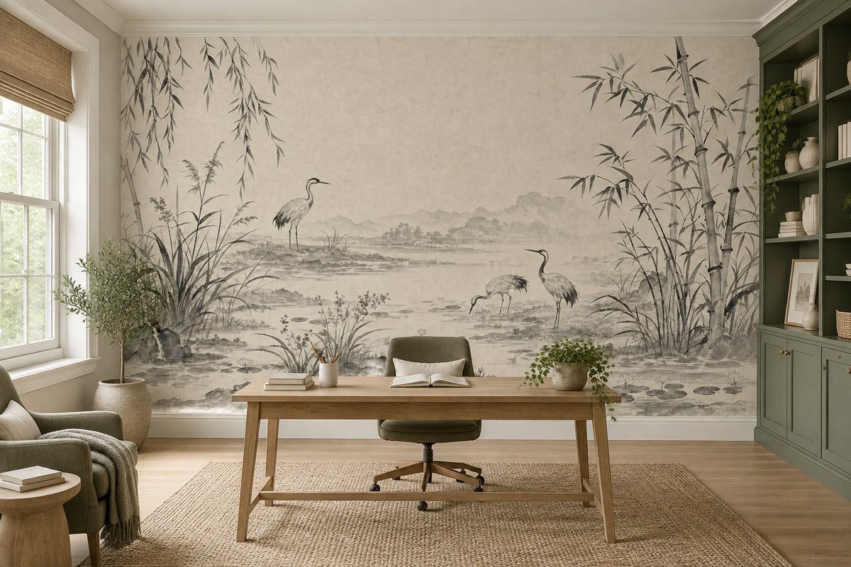 Turna Kuşlu Bambu Desenli Poster Duvar Kağıdı Gri Bej Salon