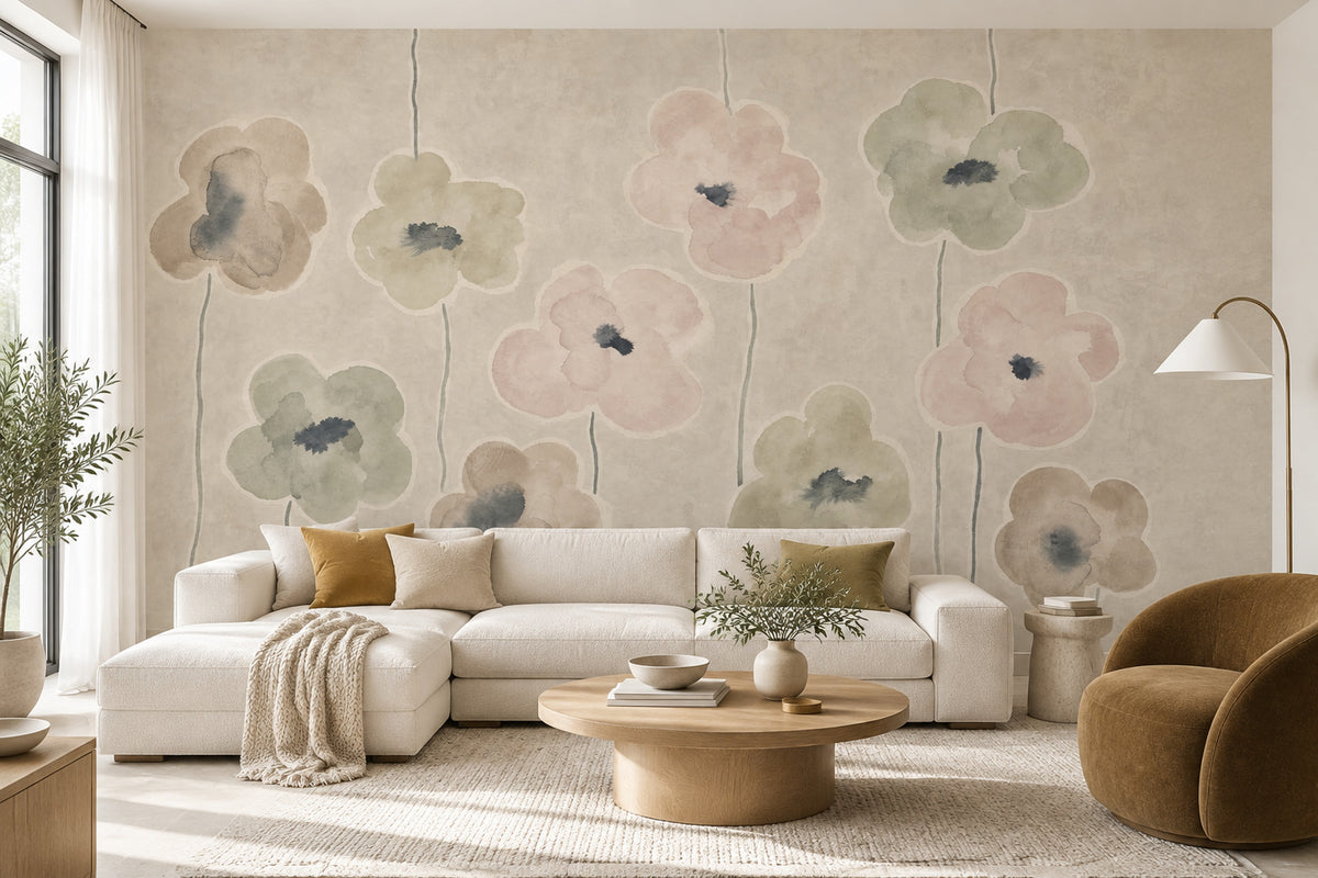 Pastel Çiçekli Poster Duvar Kağıdı Bej Zemin Salon
