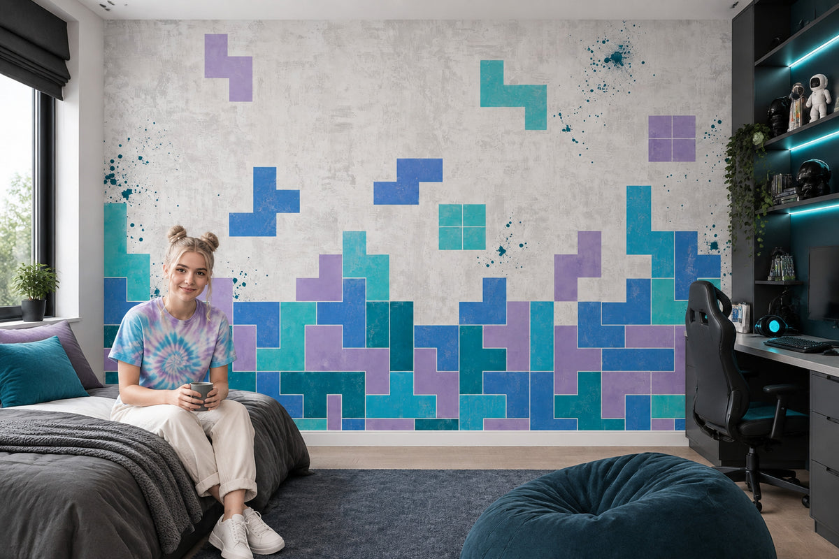 Geometrik Blok Desenli Poster Duvar Kağıdı Mavi Turkuaz Salon