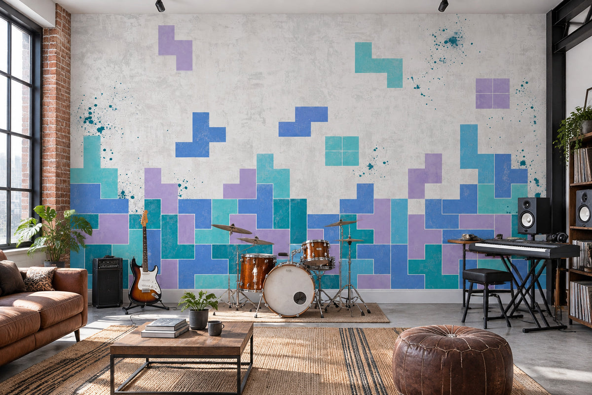 Geometrik Blok Desenli Poster Duvar Kağıdı Mavi Turkuaz Salon