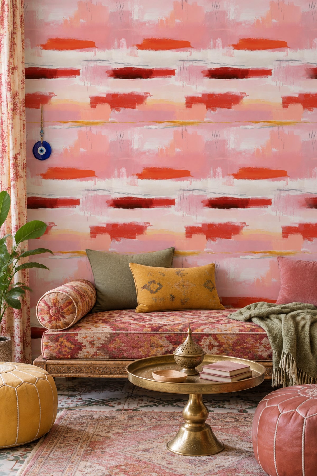 Soyut Fırça Darbeli Duvar Kağıdı Pembe Kırmızı Salon