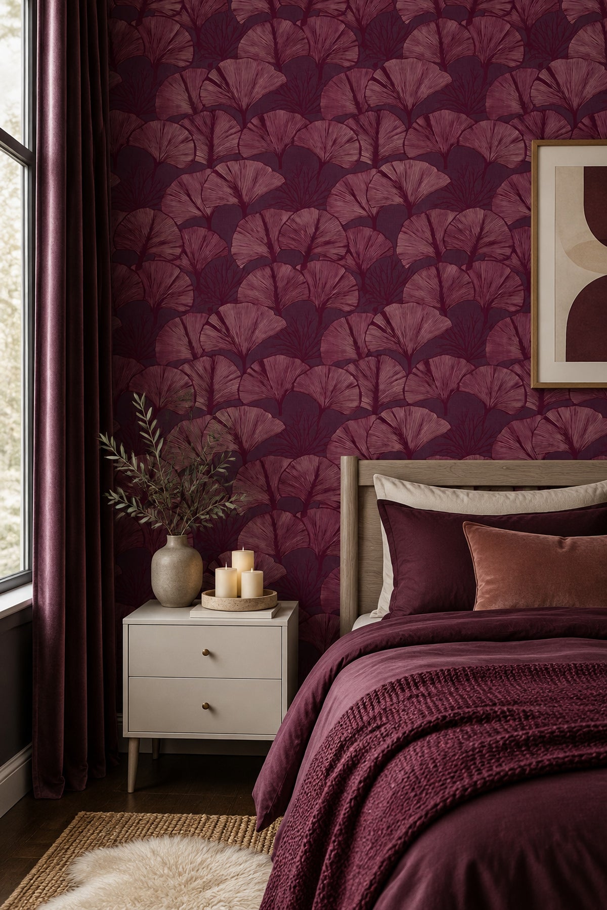 Ginkgo Yapraklı Duvar Kağıdı Bordo Desenli Yatak Odası