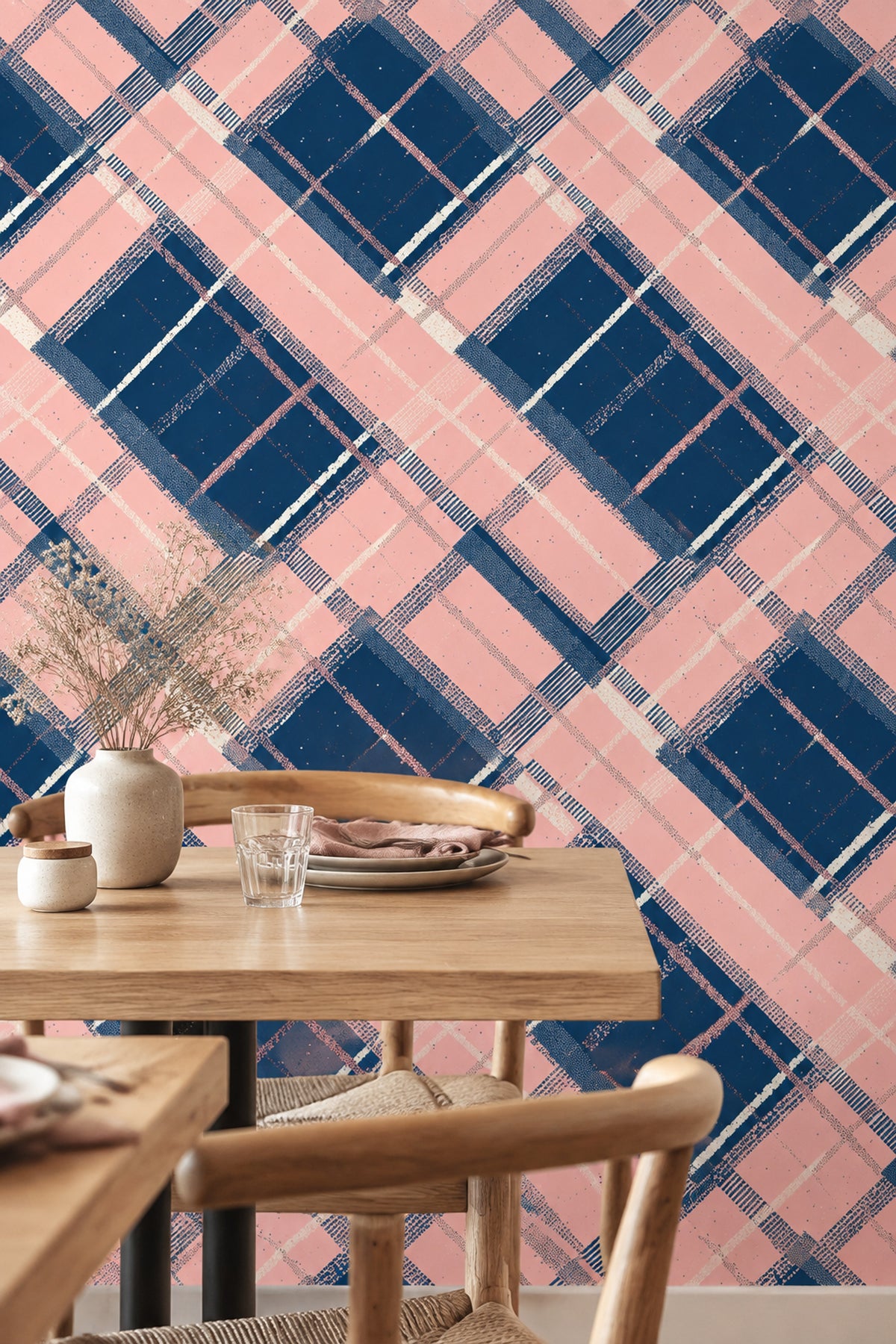 Lacivert Pembe Ekose Desenli Duvar Kağıdı Modern Salon