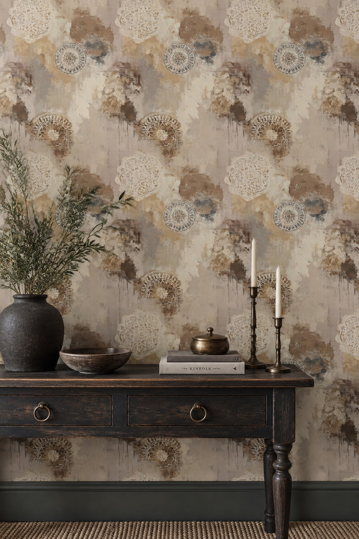 Mandala Desenli Duvar Kağıdı Bej Kahverengi Vintage Salon