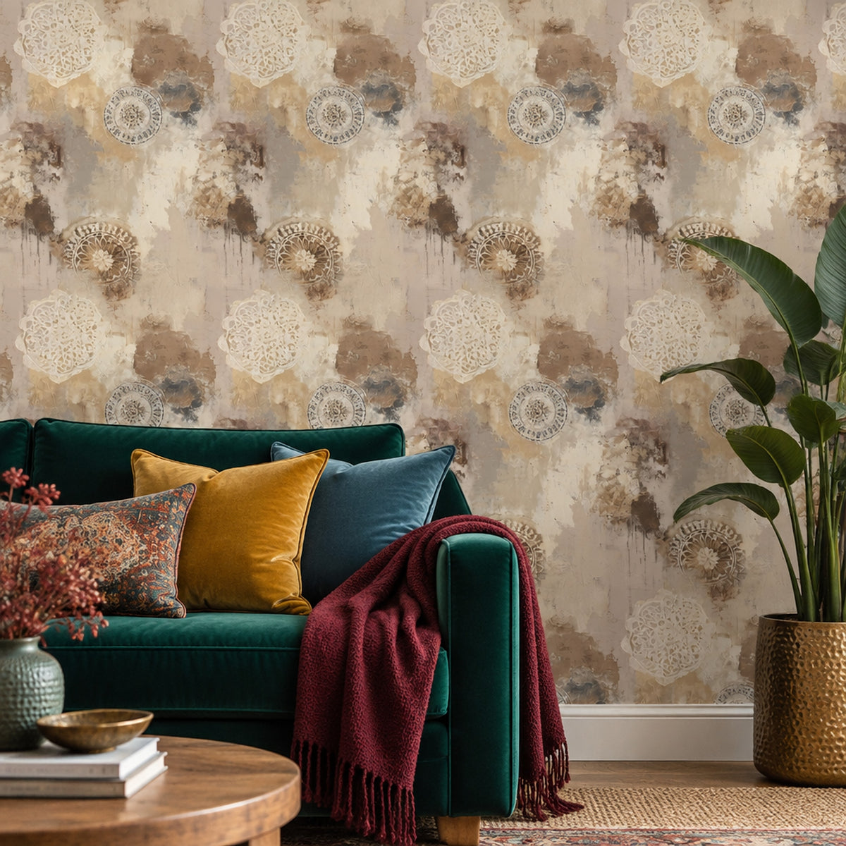 Mandala Desenli Duvar Kağıdı Bej Kahverengi Vintage Salon
