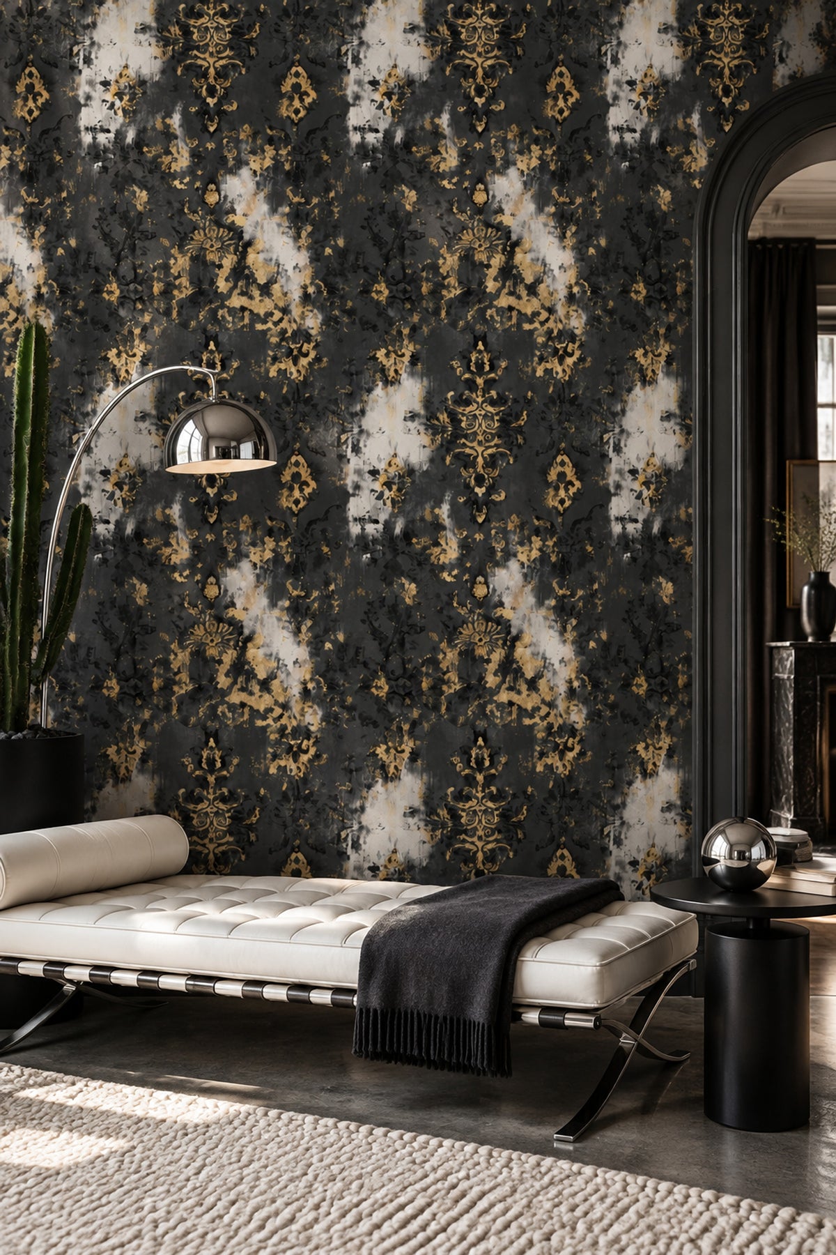 Altın Damask Desenli Duvar Kağıdı Siyah Salon Dekoru